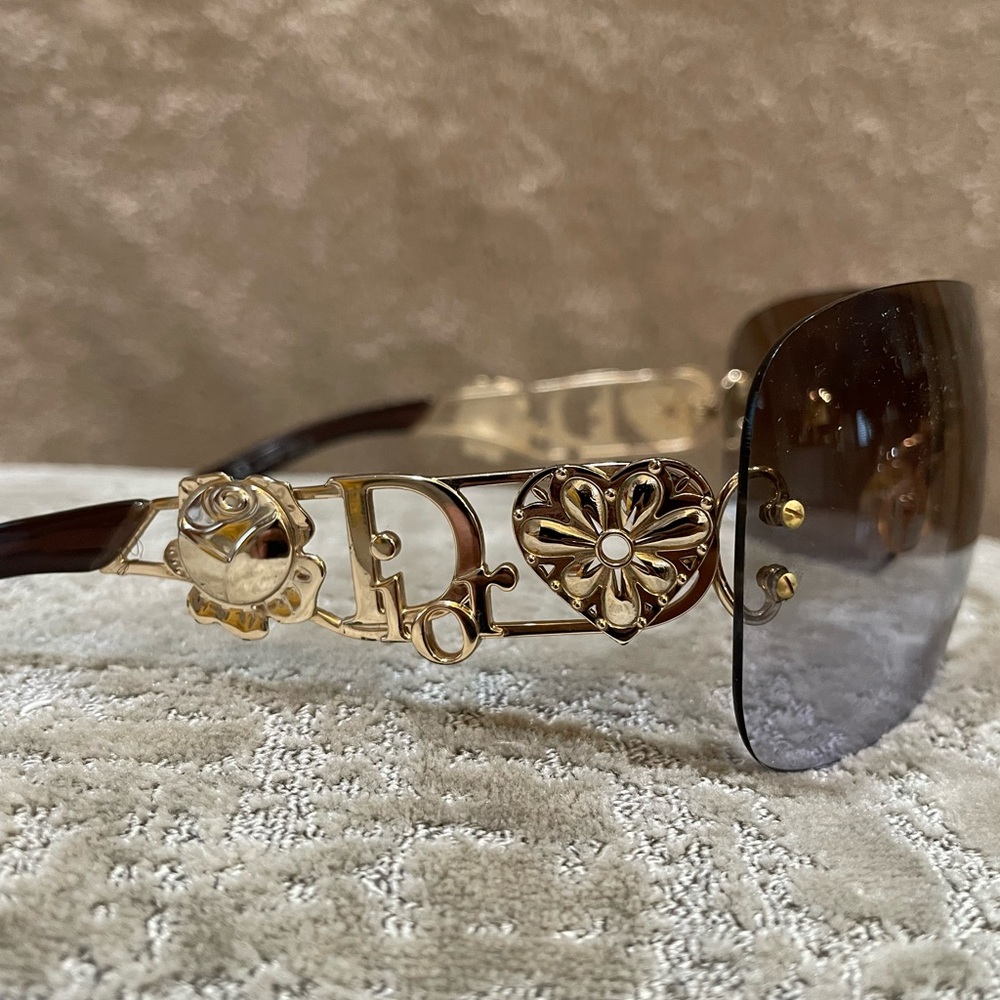 Dior Gold and Brown Sunglasses with Ornate Temple Design